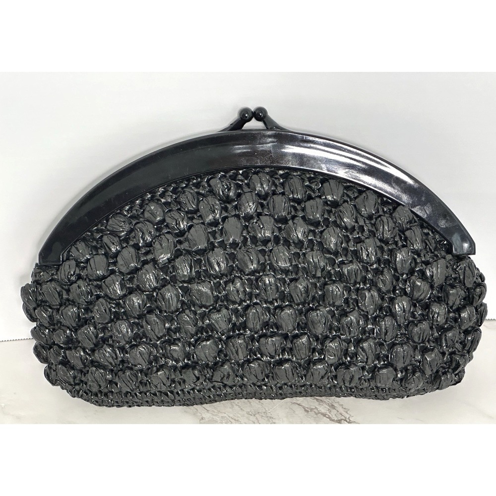 Clutch Women's Black Clutch Straw Kiss Lock Handbag - Picture 3 of 16